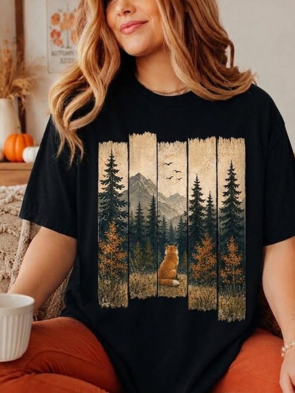 Fox Mountain Autumn Rustic Forest Wildlife Graphic Tee